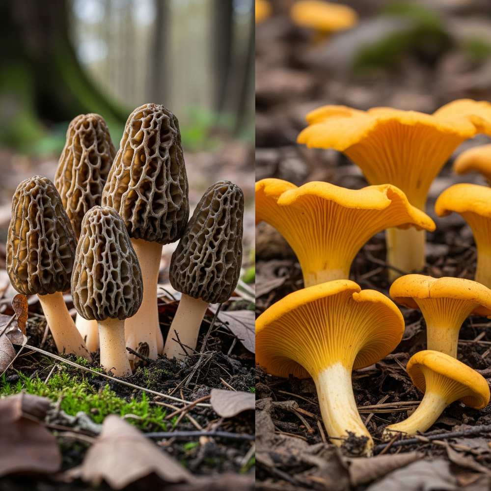 Split picture of morel mushrooms and chanterelles in a wild setting.