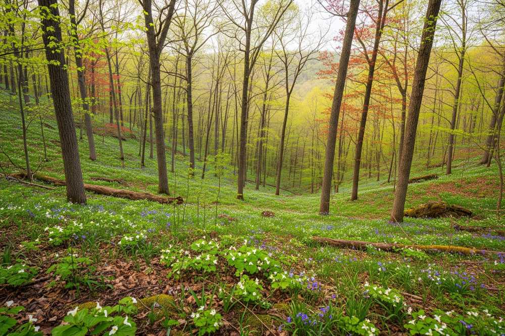 Wide shot of Appalachian-style mixed hardwood slopes in spring with wildflowers and leaf budding, hinting at morel habitat.