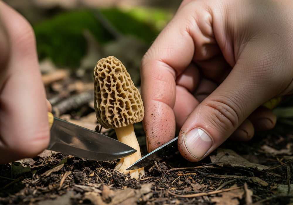 A gentle shot of a hand carefully cutting a morel at its base with a small knife, leaving soil and mycelium undisturbed.