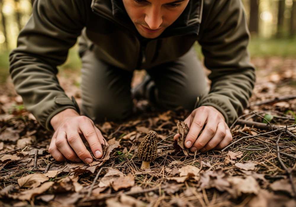 A person kneeling, scanning carefully among leaf litter, spotting a morel camouflaged with its surroundings.
