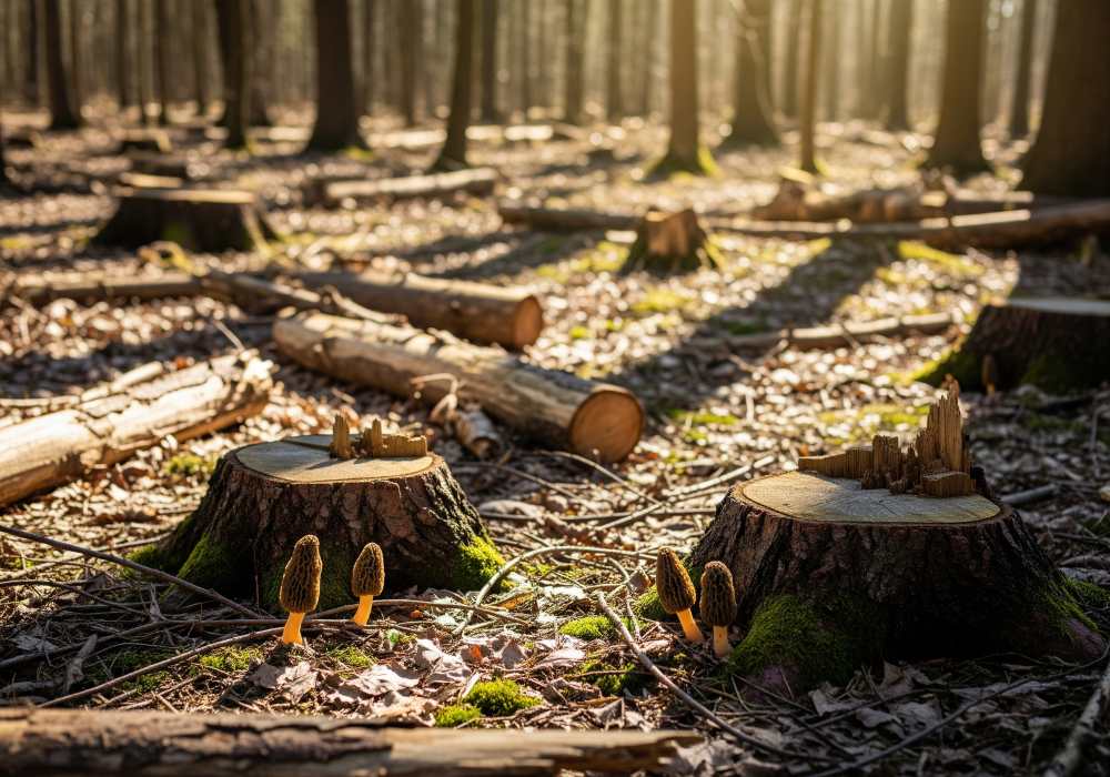Logged forest clearing with wood debris, dappled sunlight, and small clusters of morels emerging near stumps.