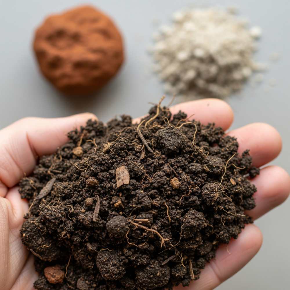 Close-up of loamy soil in hand, showing crumbly texture, organic matter, and moisture—contrasted with clay and sandy soil samples.
