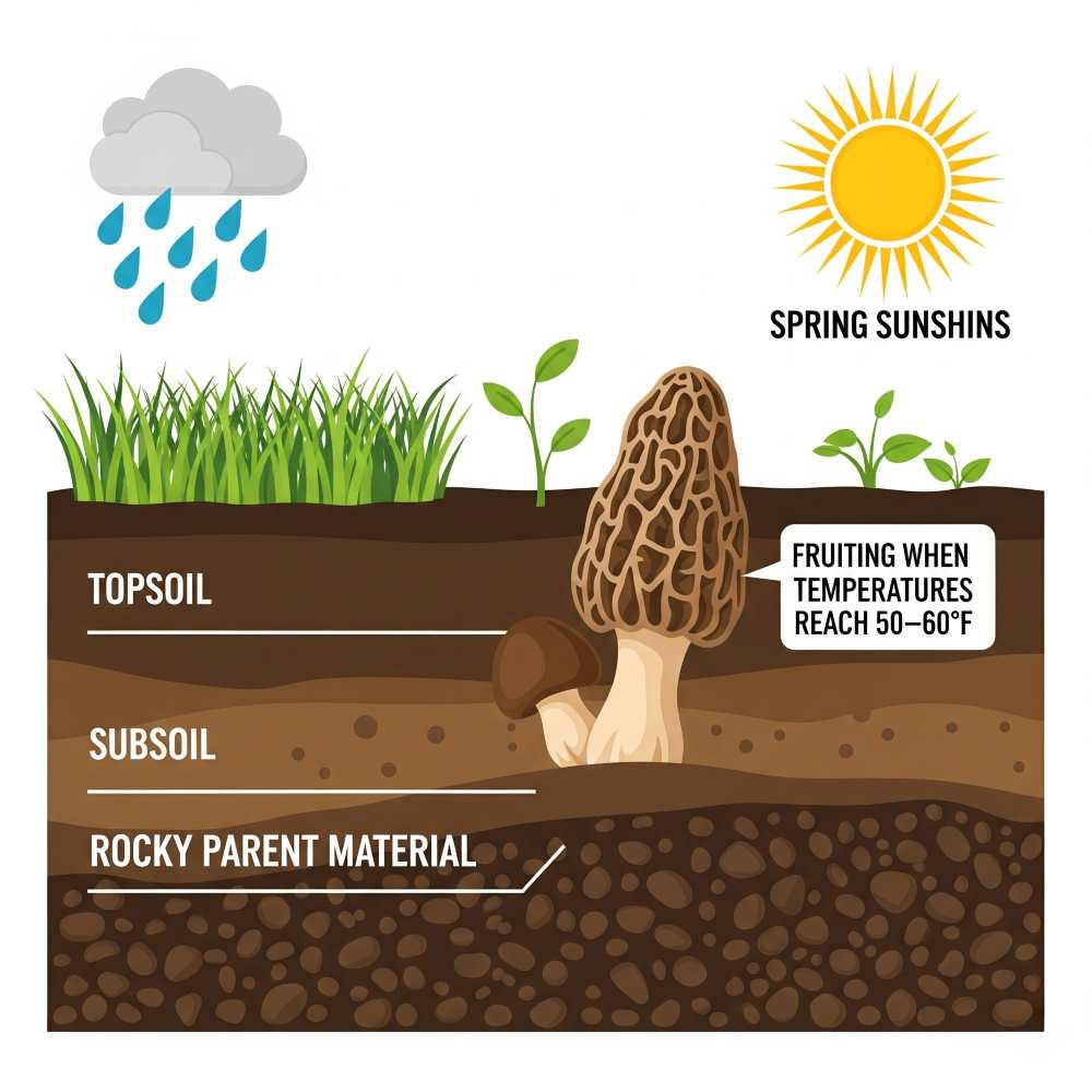 Illustrated infographic of soil layers showing morel fruiting when temperatures reach 50–60°F, with raindrops and spring sunshine icons.