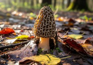 Close-up of a single morel mushroom emerging from damp leaf litter on a forest floor in spring, with soft sunlight breaking through the trees.