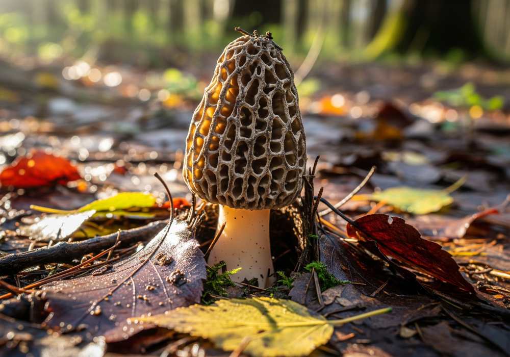 Close-up of a single morel mushroom emerging from damp leaf litter on a forest floor in spring, with soft sunlight breaking through the trees.