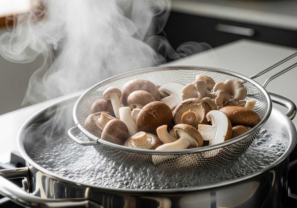 A steaming pot with a strainer basket holding mushrooms being blanched briefly.