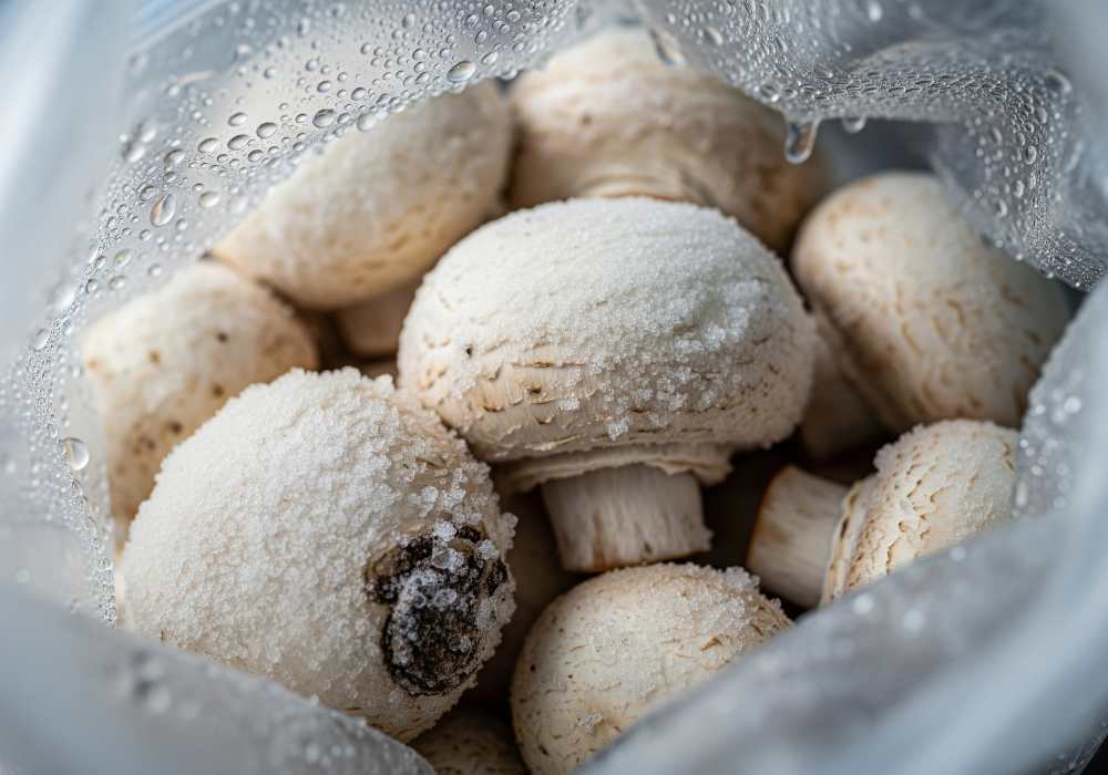 mushrooms stored in a freezer.