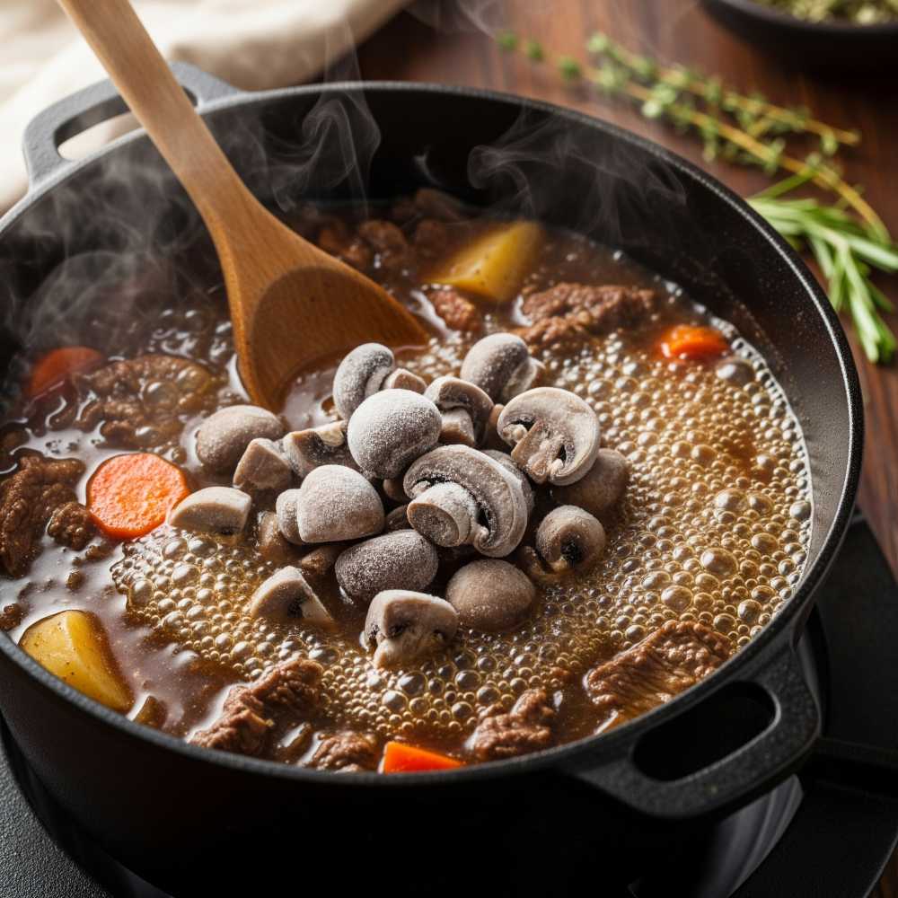 A hearty stew or soup in progress, with frozen mushrooms added directly into the simmering broth
