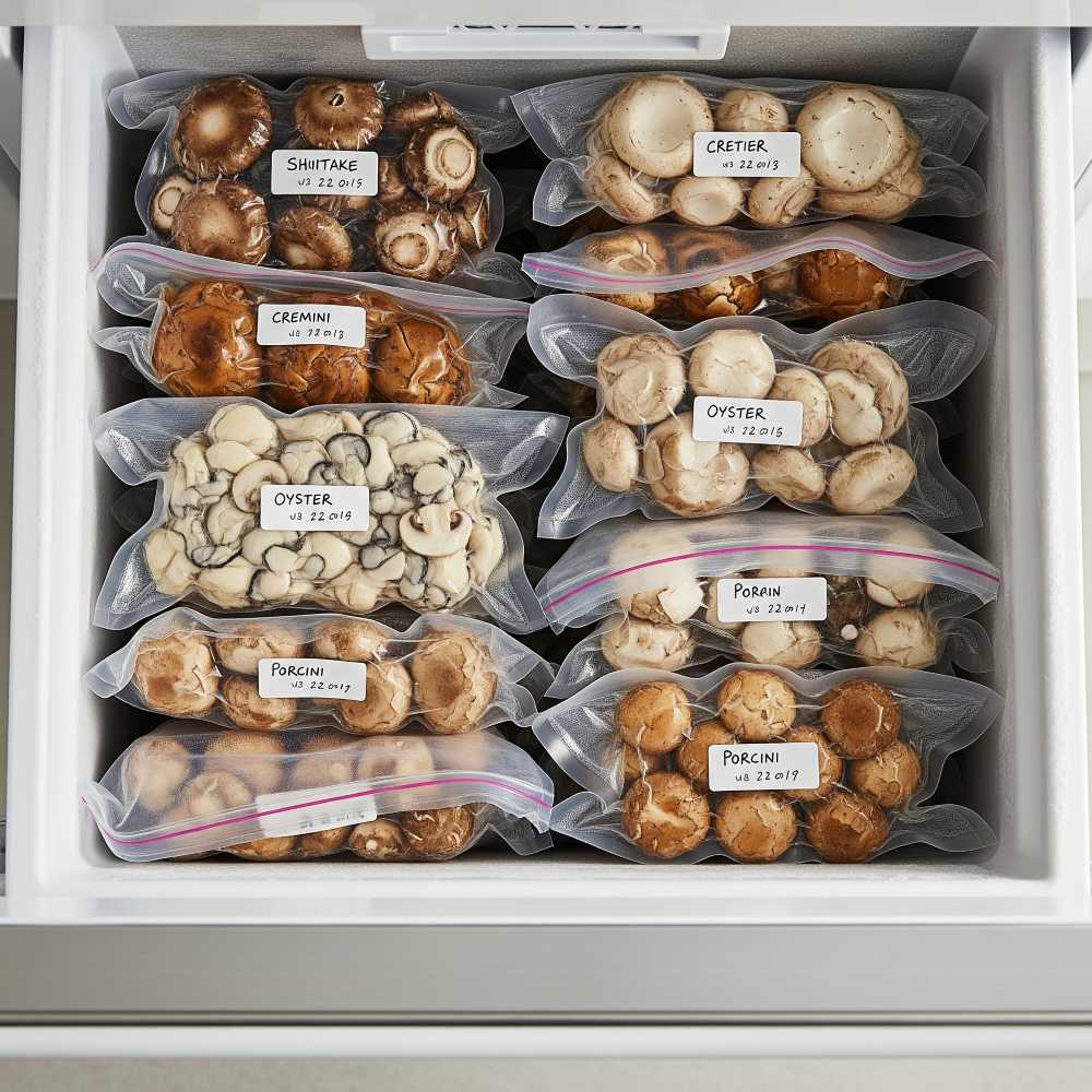 A freezer drawer with vacuum-sealed bags of mushrooms, stacked flat, showing correct storage method and organization.