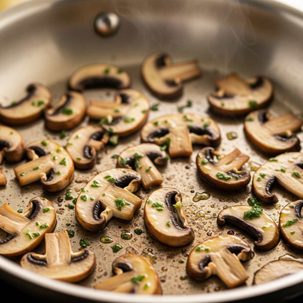 Lightly sautéed mushrooms in a pan with golden edges.