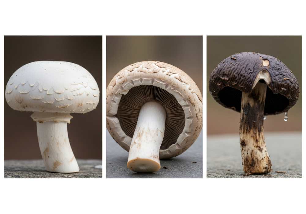Mushrooms at different freshness stages: Fresh and firm, slightly matured with opened gills, overripe with slimy surface.