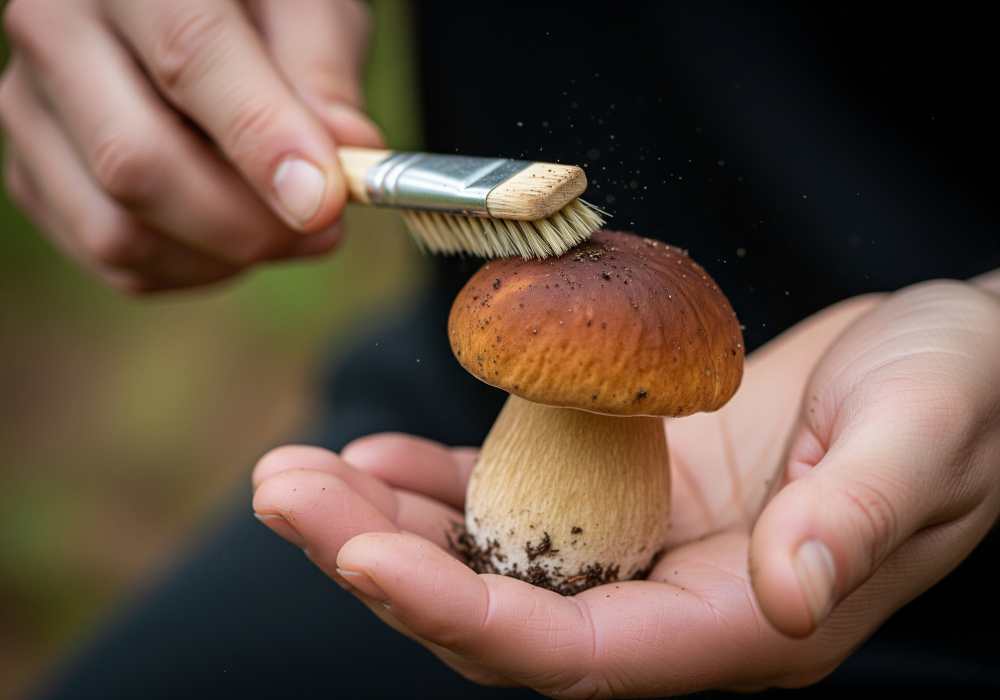 Brushing off dirt from mushrooms.