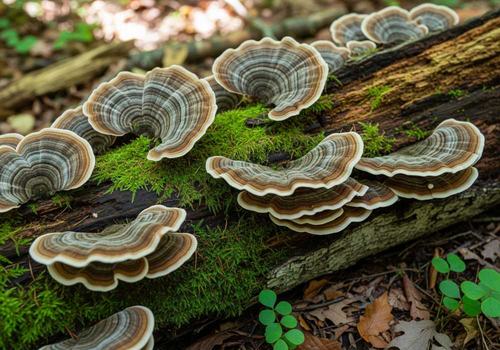 Turkey tail mushrooms growing on a decaying log in a forest.