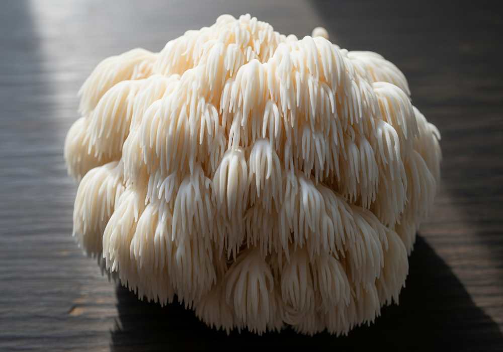 A clean looking lion's mane mushroom on a wooden surface.