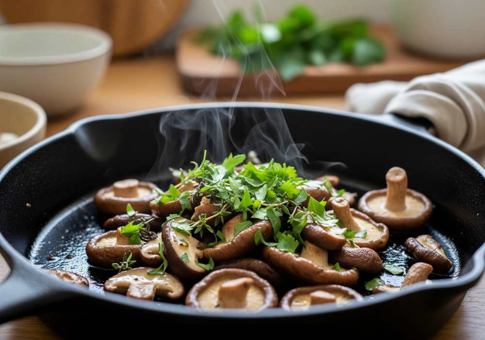 Cooked shiitake mushrooms sautéed in olive oil in a pan, slightly browned, garnished with herbs.