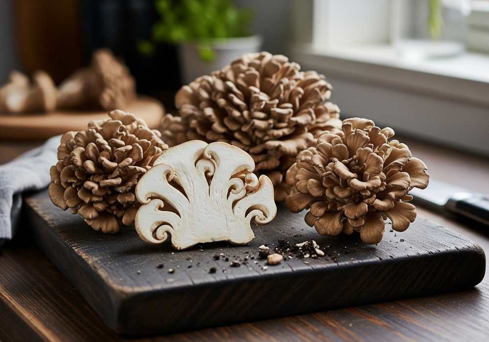 Fresh maitake mushrooms arranged on a dark cutting board, with a sliced section showing internal texture.