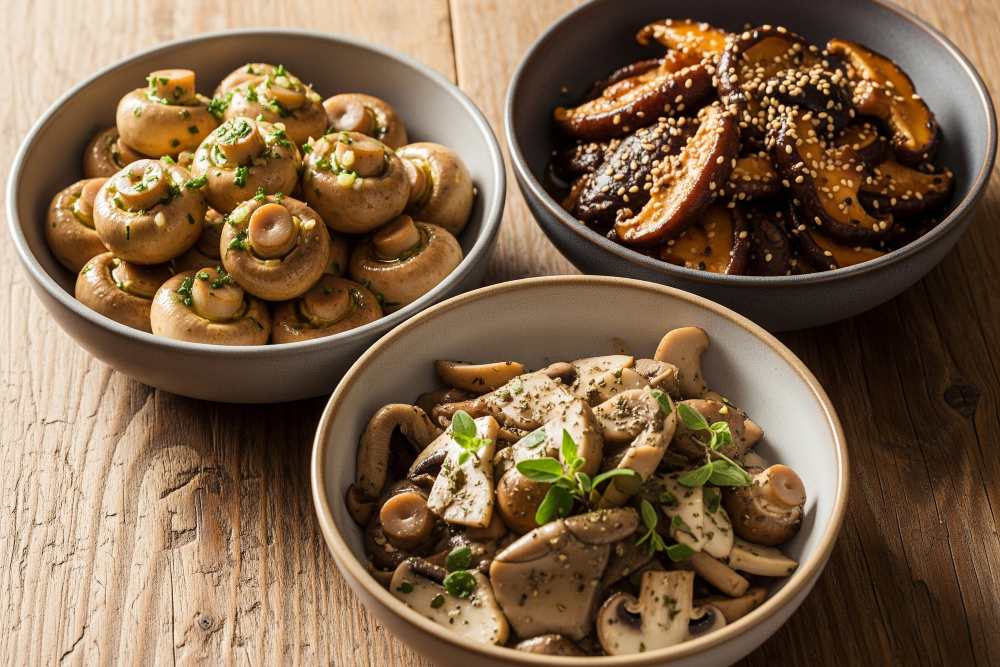 Three bowls of steamed mushrooms finished differently: garlic-parsley butter, sesame-soy-ginger (dark glossy), olive oil-lemon-herb.