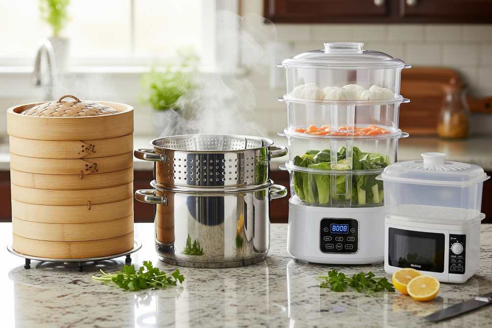 Kitchen counter setup showing bamboo steamer, metal steamer basket, electric steamer, and microwave steamer side by side.