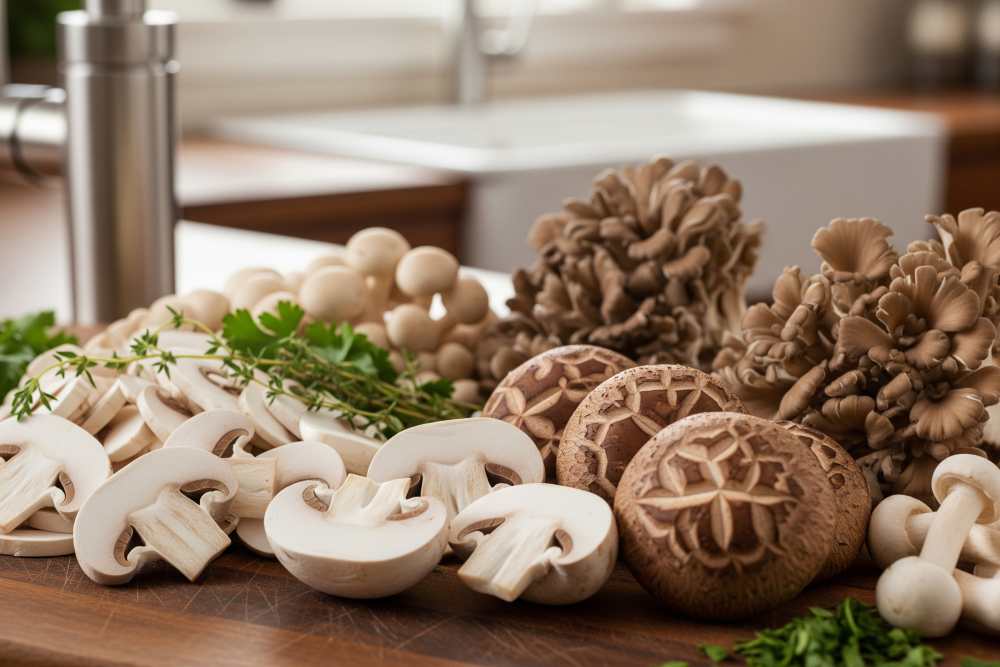 Thin slices, halved buttons, whole shiitake caps, maitake clusters on a wooden table.