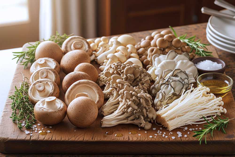 Fresh mushrooms (cremini, shiitake, oyster, maitake, enoki) on a wooden board.