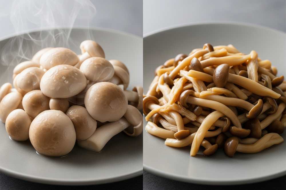 Comparison photo: raw mushrooms vs steamed mushrooms. clear differences in color, texture, and glossiness.