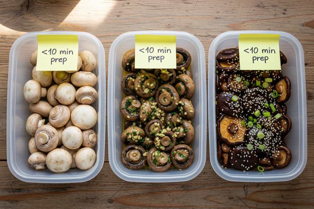 three meal-prep containers filled with steamed mushrooms (one plain, one seasoned with garlic butter, one with sesame-soy dressing), labeled with small sticky notes showing “