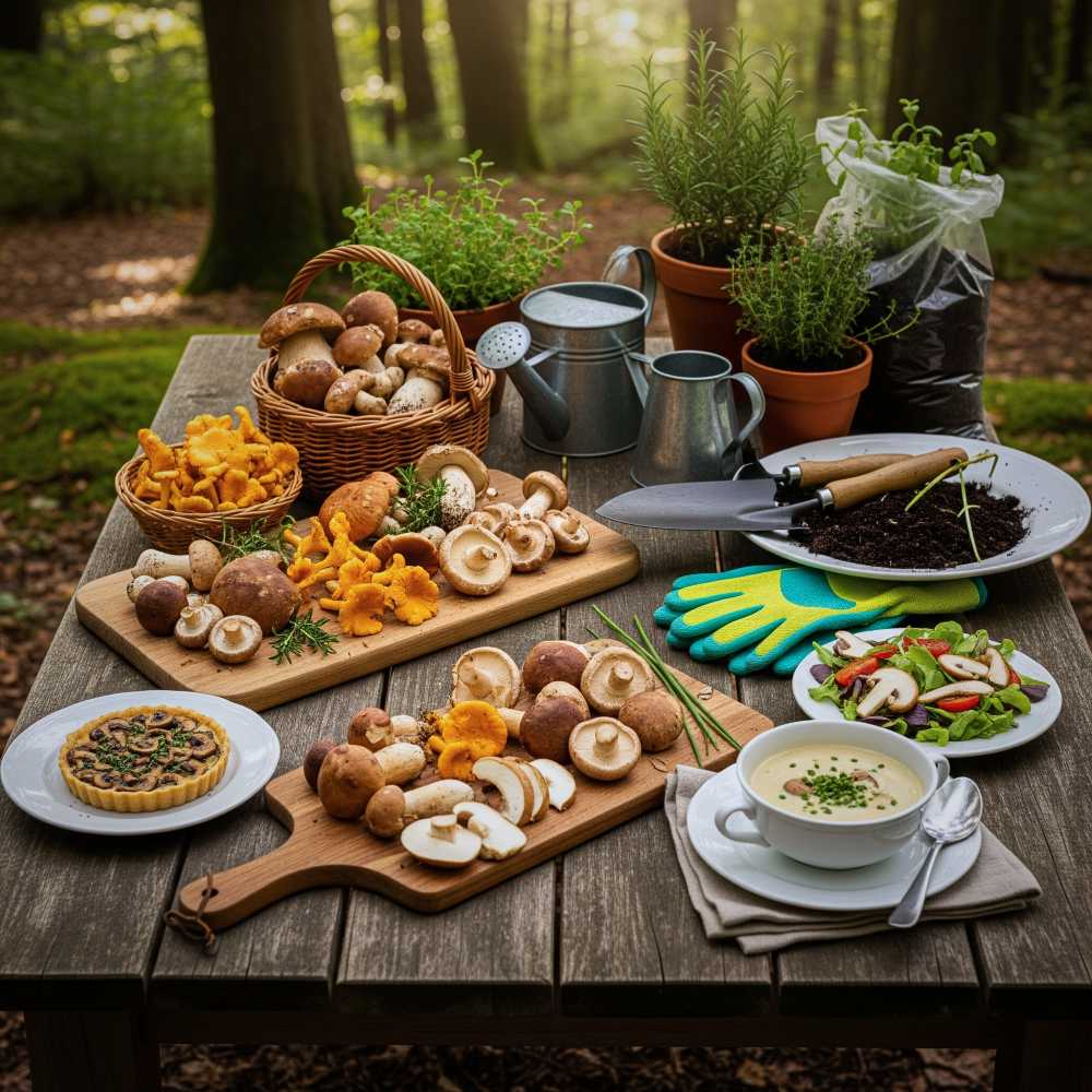 Mushrooms in an outdoor table alongside food and gardening setup in an outdoor environment.