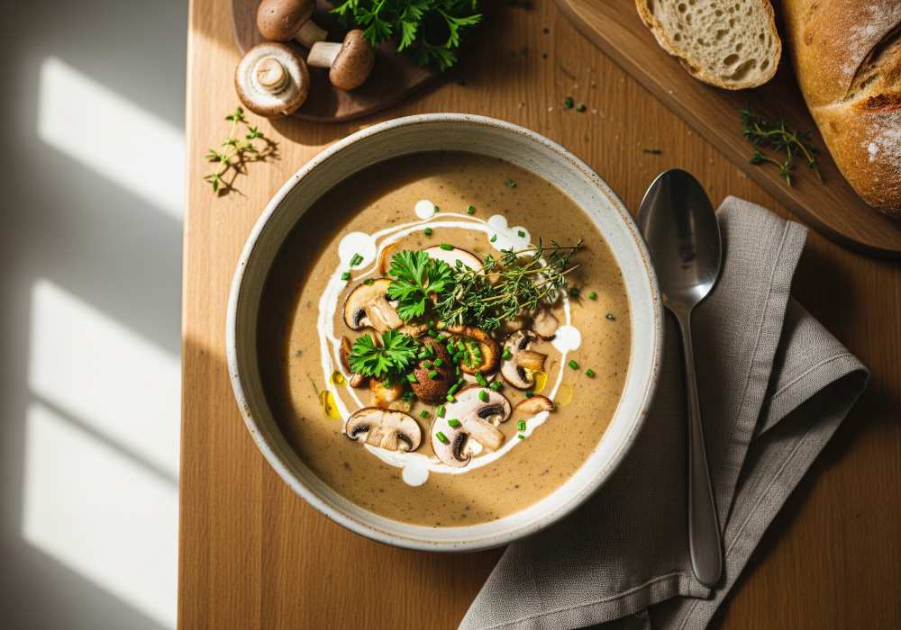 A Bowl of Creamy and Velvety Mushrooms Soup on a wooden table in dining setting.