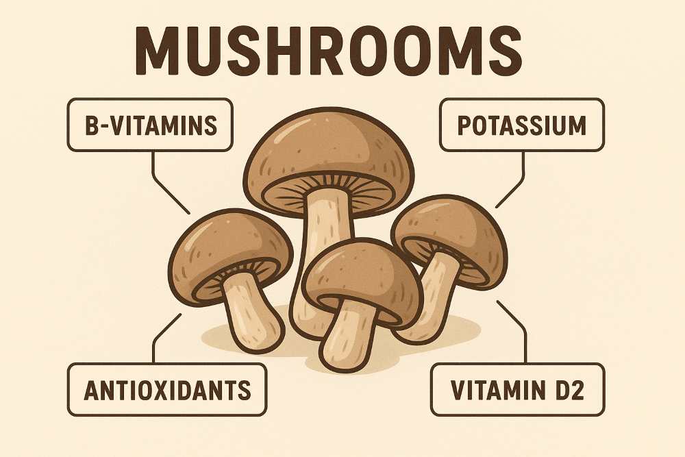 Infographic-style layout: mushrooms with callouts for “B-Vitamins, Potassium, Antioxidants, Vitamin D2.
