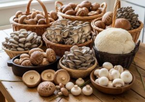 A wide shot of a rustic kitchen table with fresh mushrooms (shiitake, oyster, lion’s mane, button) displayed in baskets.