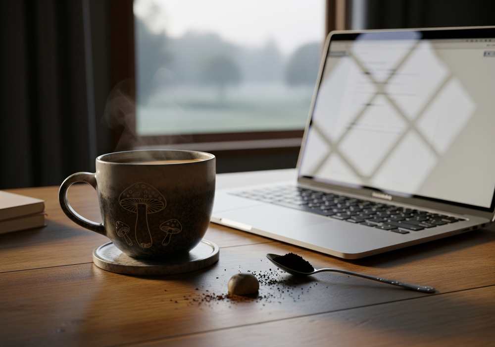 A steaming mug of mushroom coffee on a wooden desk with a laptop, books, and soft light.