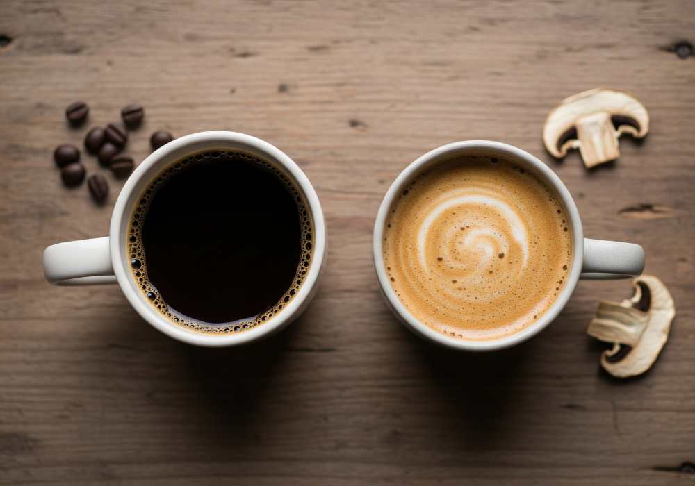 Comparison photo: regular black coffee vs. mushroom coffee, highlighting color and creaminess.