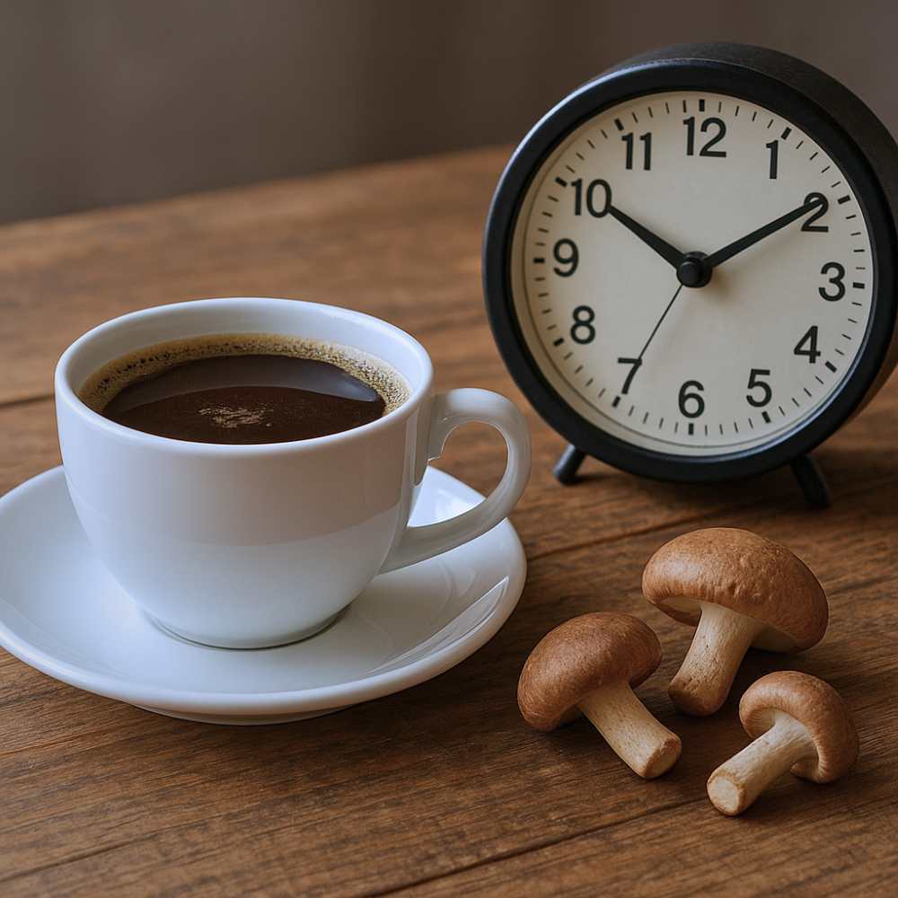 mushroom coffee cup beside a clock on a wooden table.