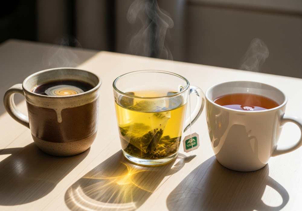 mushroom coffee cup, green tea and regular tea placed on a wooden table. 