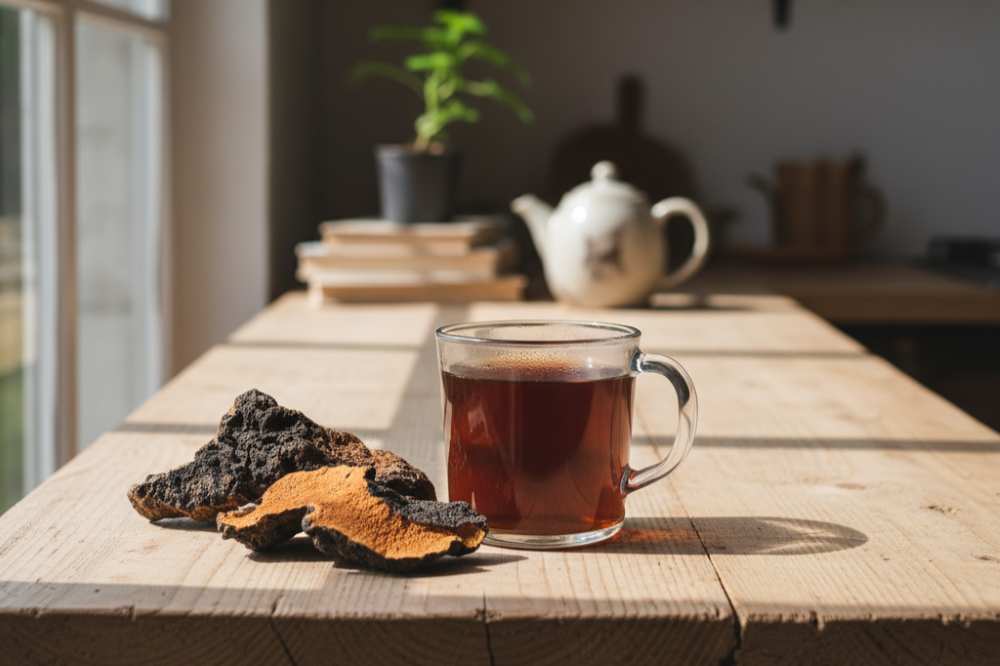 Chaga tea in a glass mug, dark brown color, with chunks of chaga on the side.