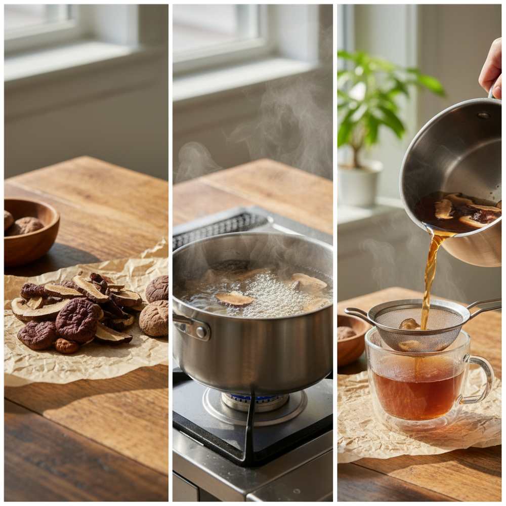 Step-by-step collage: dried mushrooms → simmering pot of hot water → strained tea into a cup.