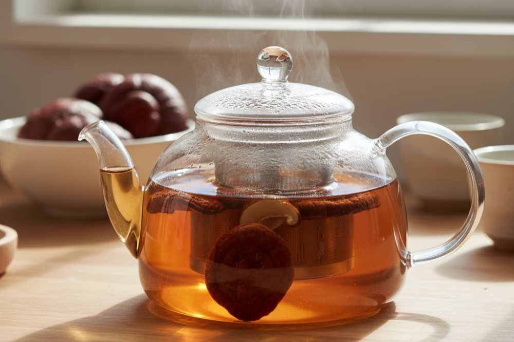 Reishi mushroom slices being steeped in a glass teapot with amber-colored liquid.