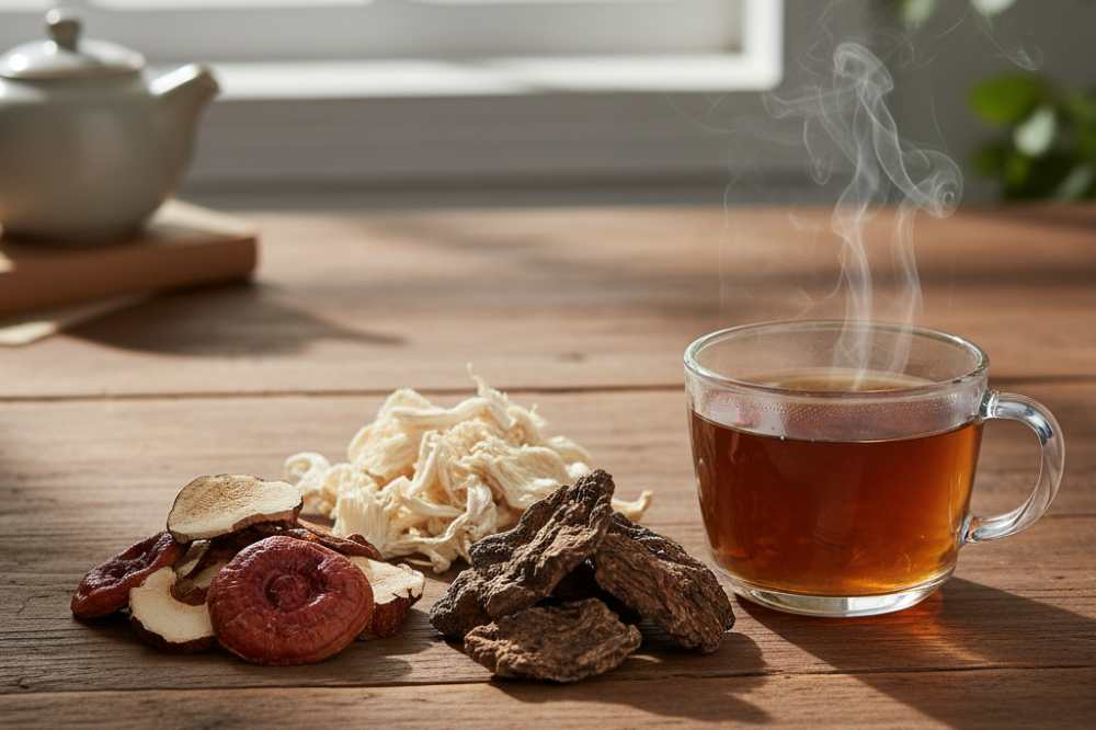 Different dried medicinal mushrooms (reishi slices, chaga chunks, lion’s mane pieces) placed beside a cup of brewed tea.