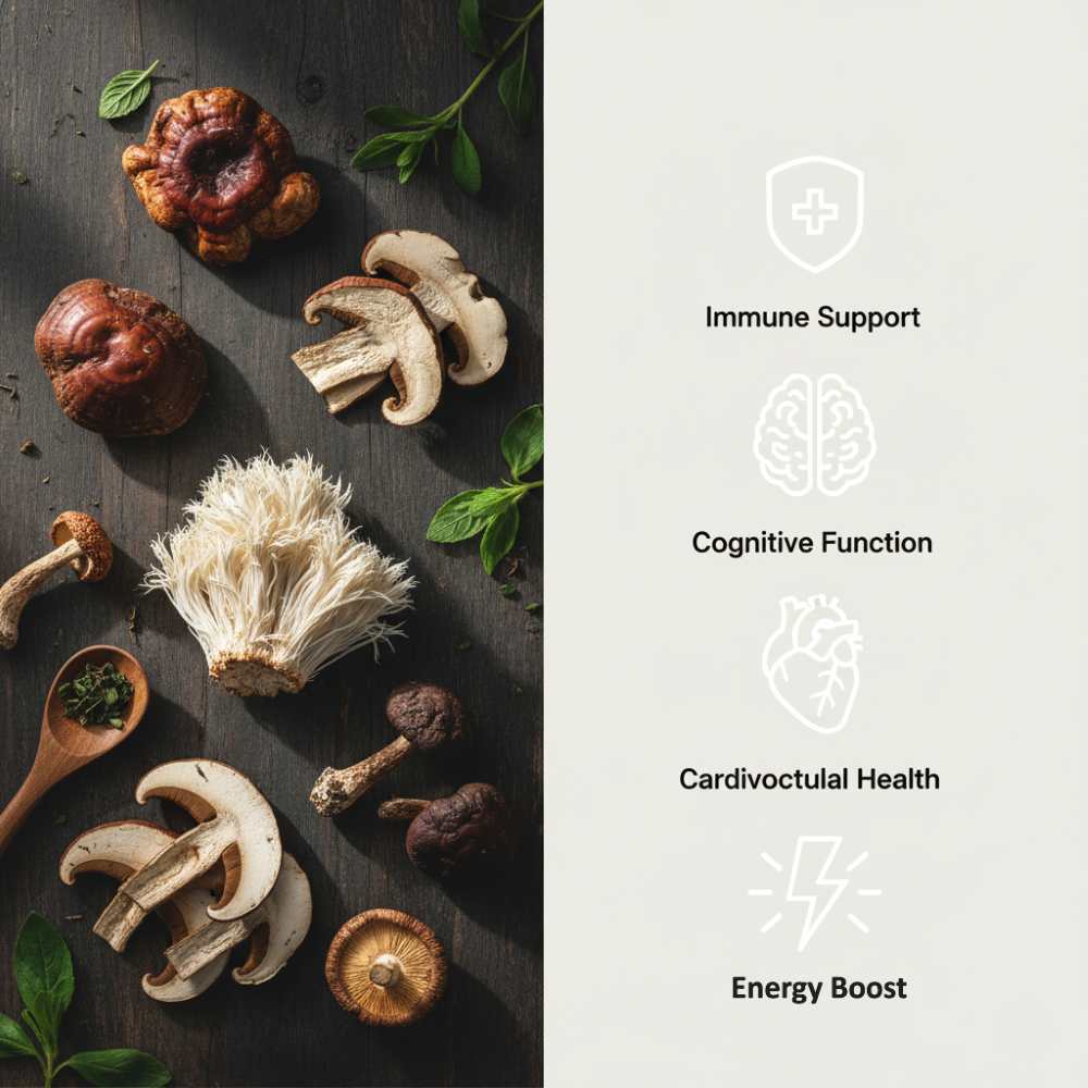 Split-image: one side showing mushrooms, the other showing benefits icons like immune support, brain, heart, energy.