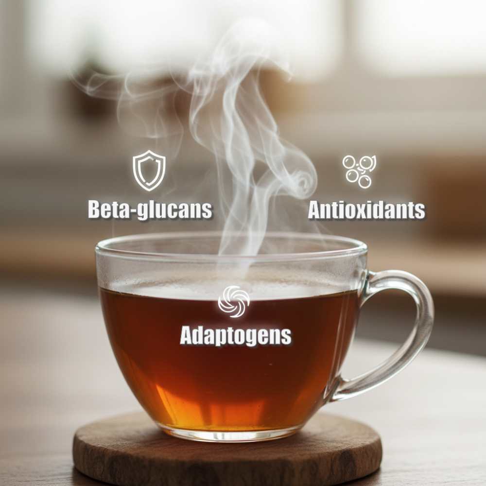Close-up shot of steaming tea with text overlays: beta-glucans, adaptogens, antioxidants.